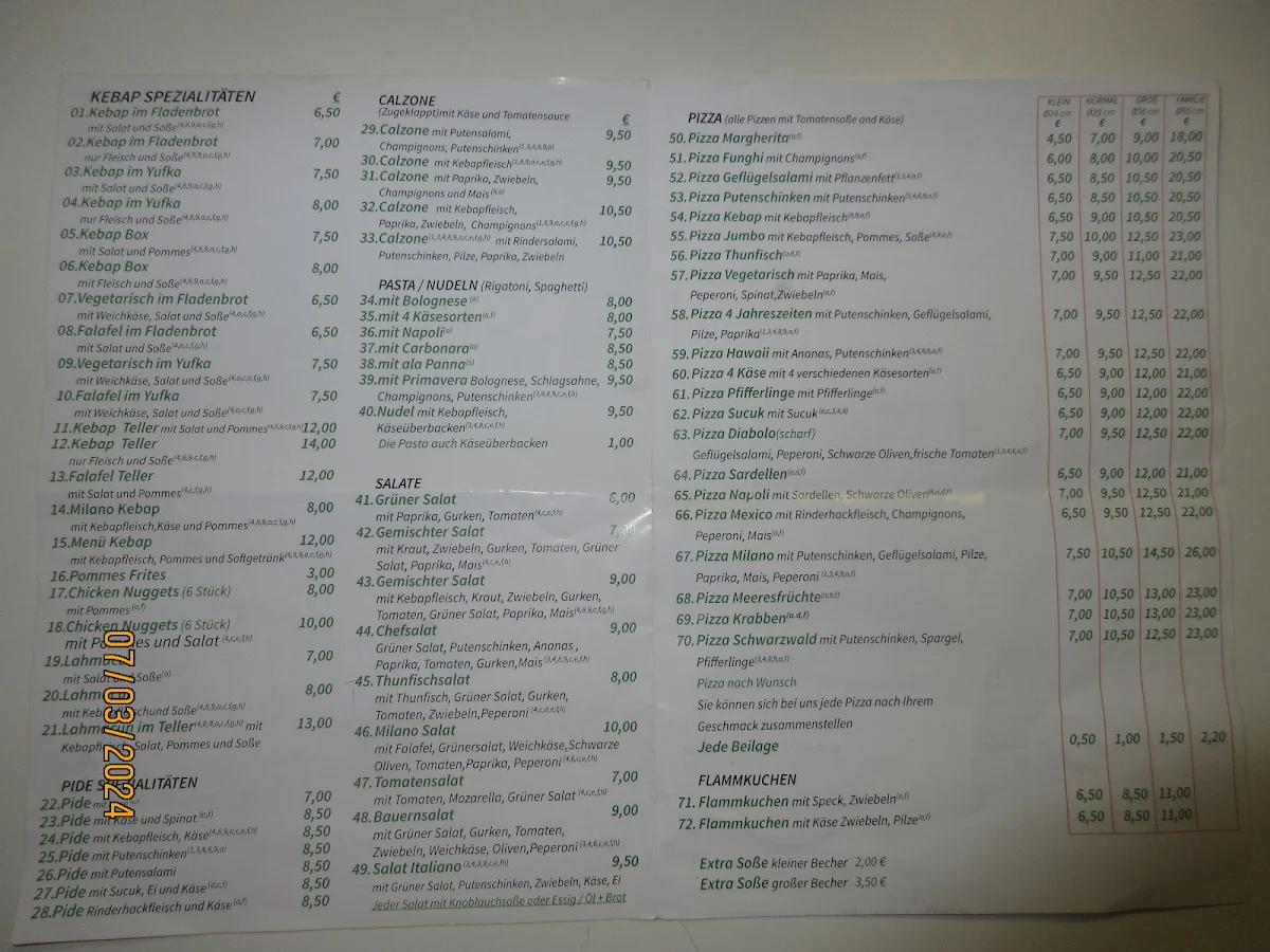 Speisekarte, Pizzeria Milano