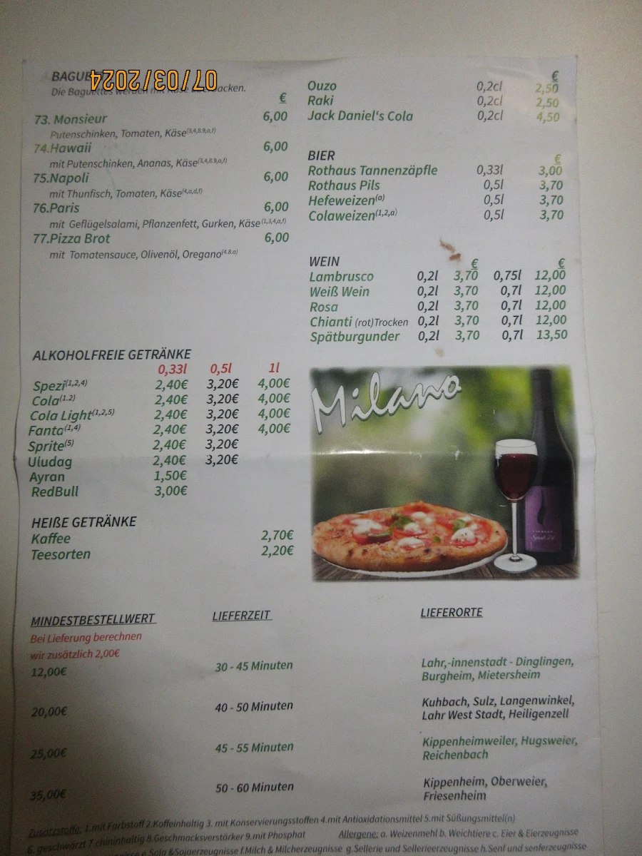 Speisekarte, Pizzeria Milano