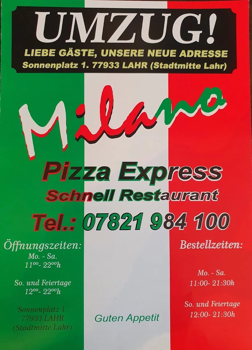 Speisekarte, Pizzeria Milano
