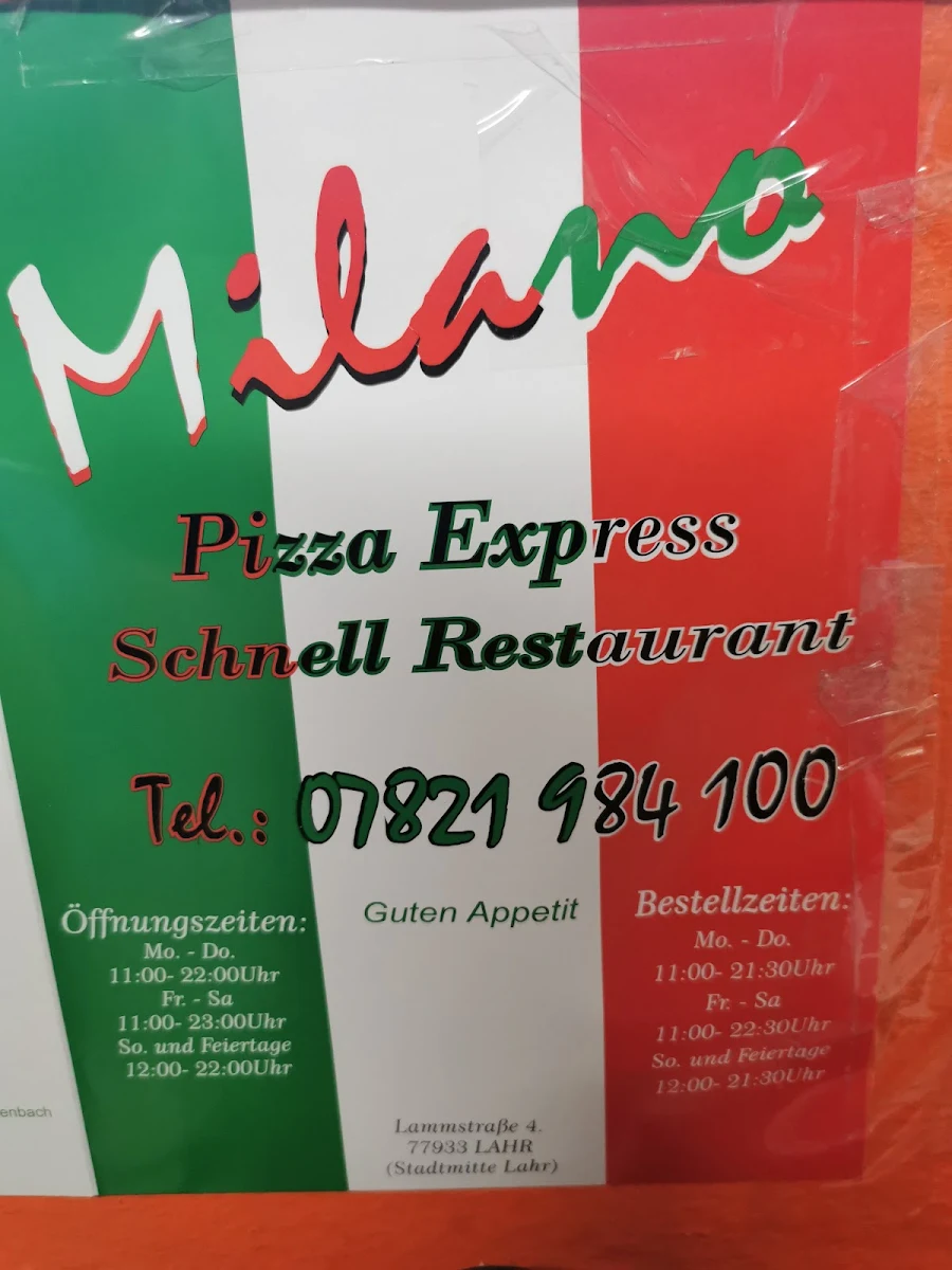 Speisekarte, Pizzeria Milano
