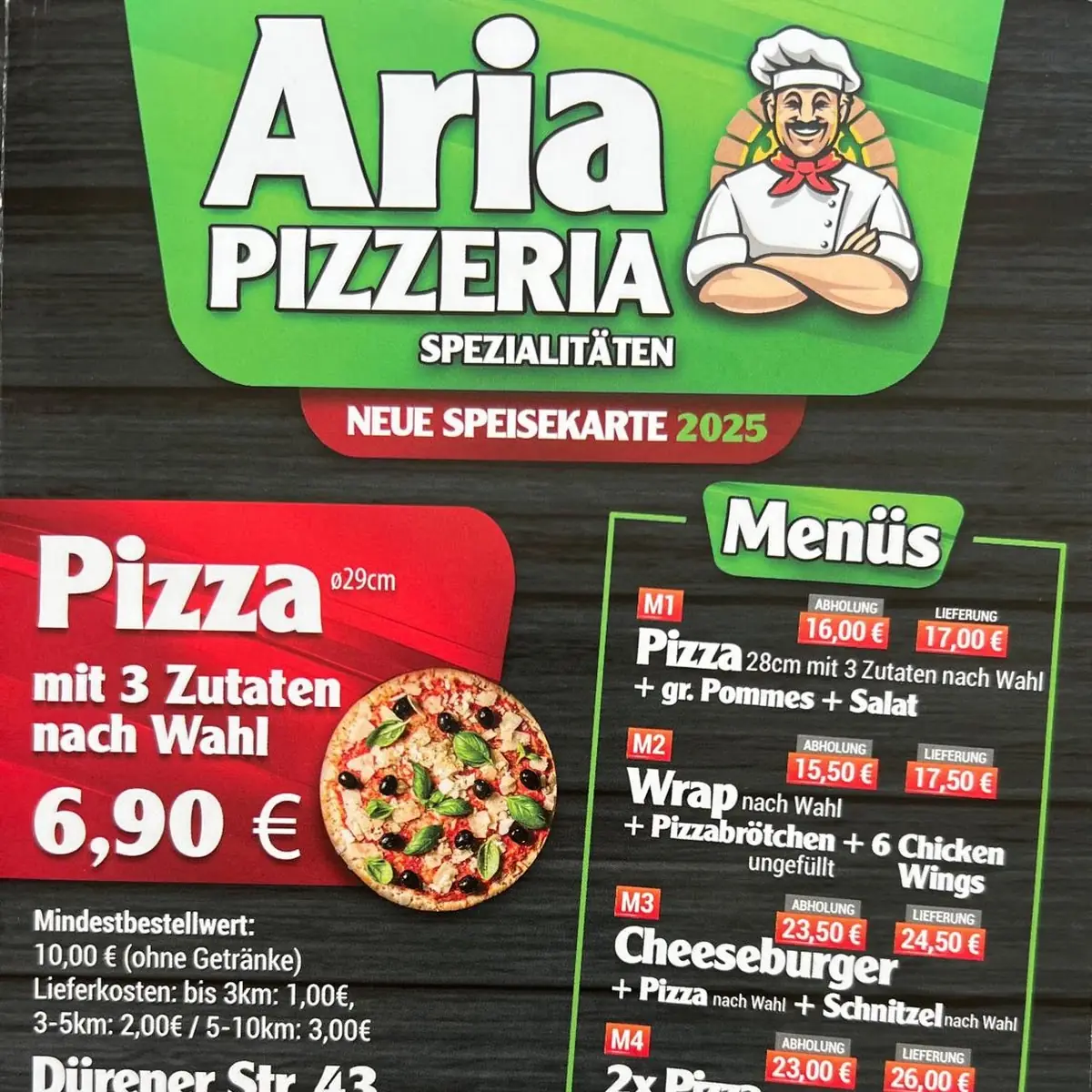 Speisekarte, Aria Pizzeria