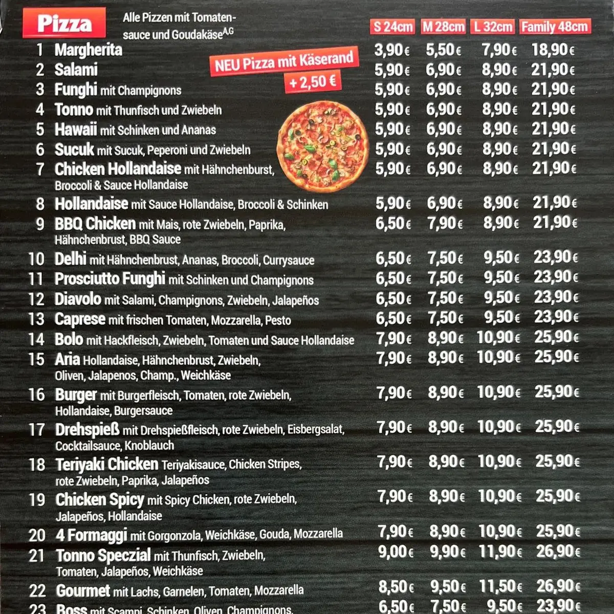 Speisekarte, Aria Pizzeria