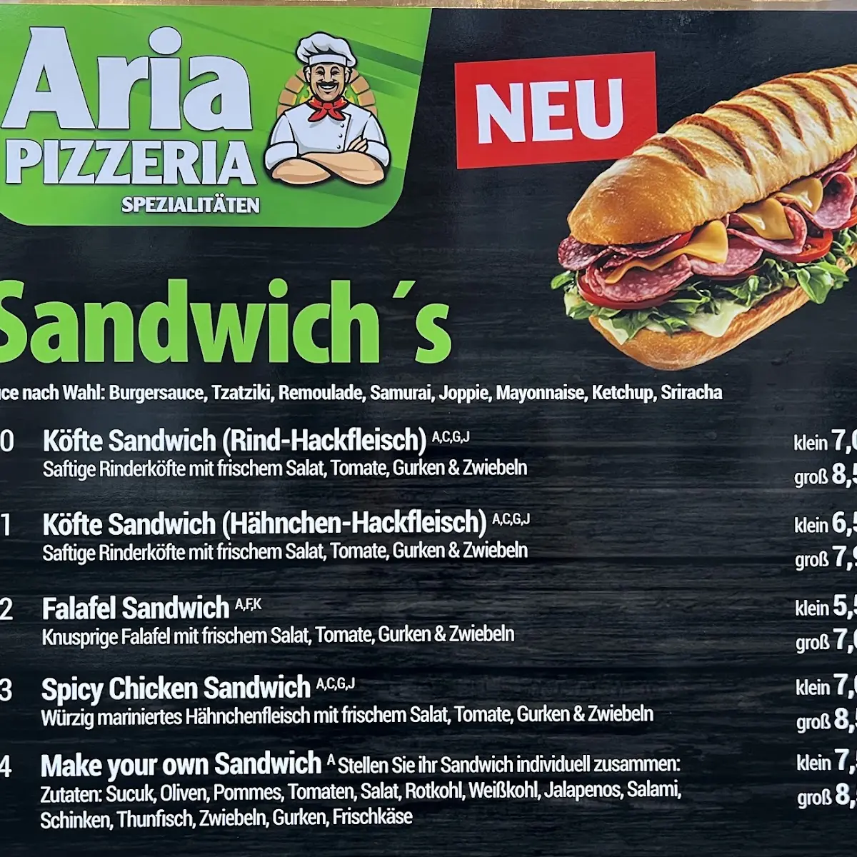 Speisekarte, Aria Pizzeria