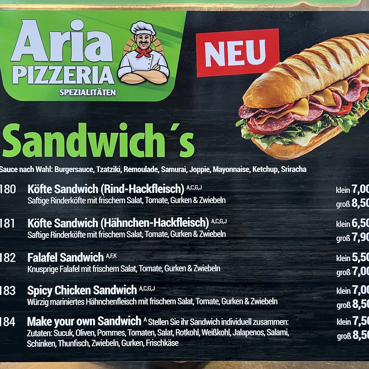 Speisekarte, Aria Pizzeria