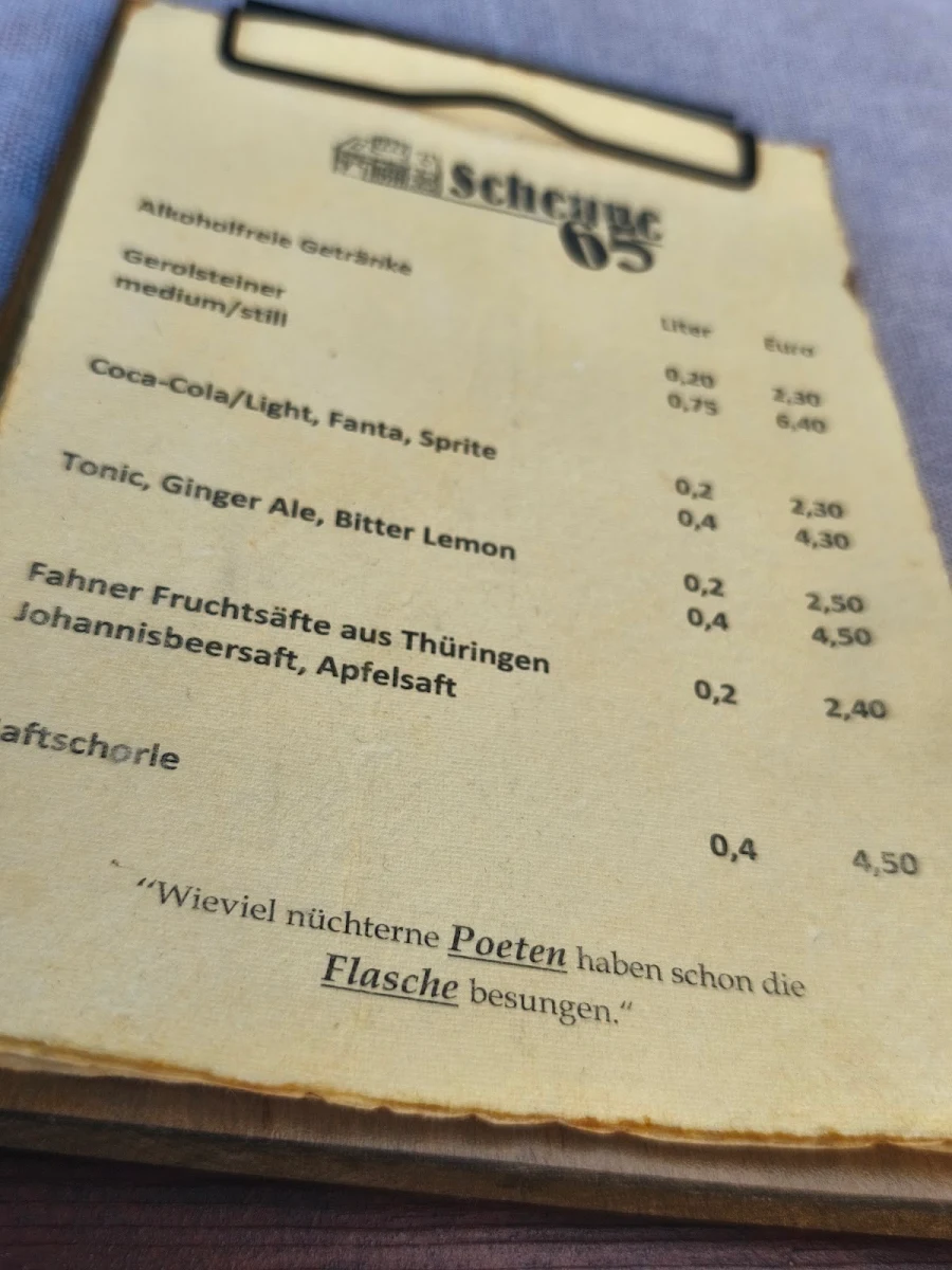 Speisekarte, Restaurant/Ferienwohnungen Scheune 65