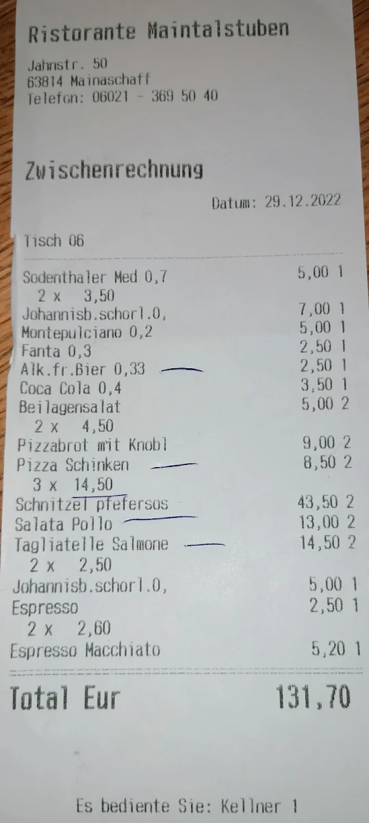Speisekarte, Ristorante Maintalstuben
