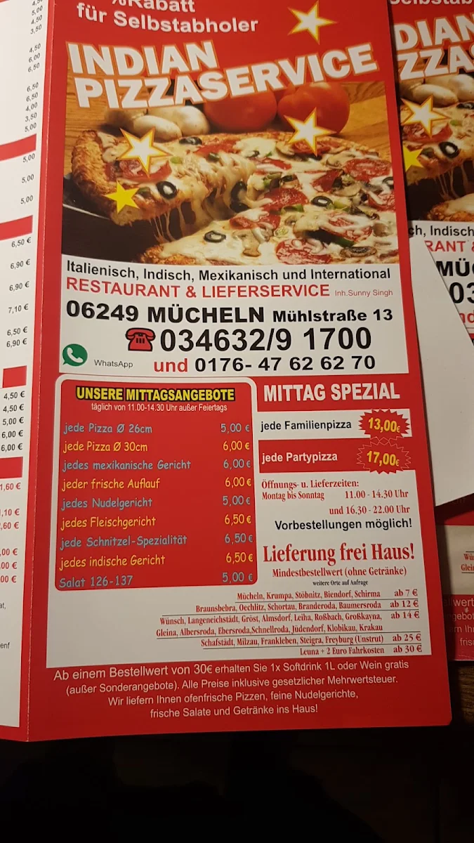 Speisekarte, Indian Pizza Service