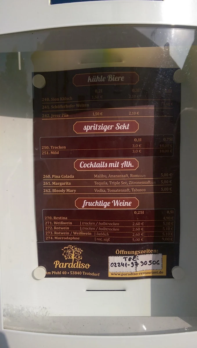 Speisekarte, Paradiso Restaurant "Griechische & Kaukasische Küche"