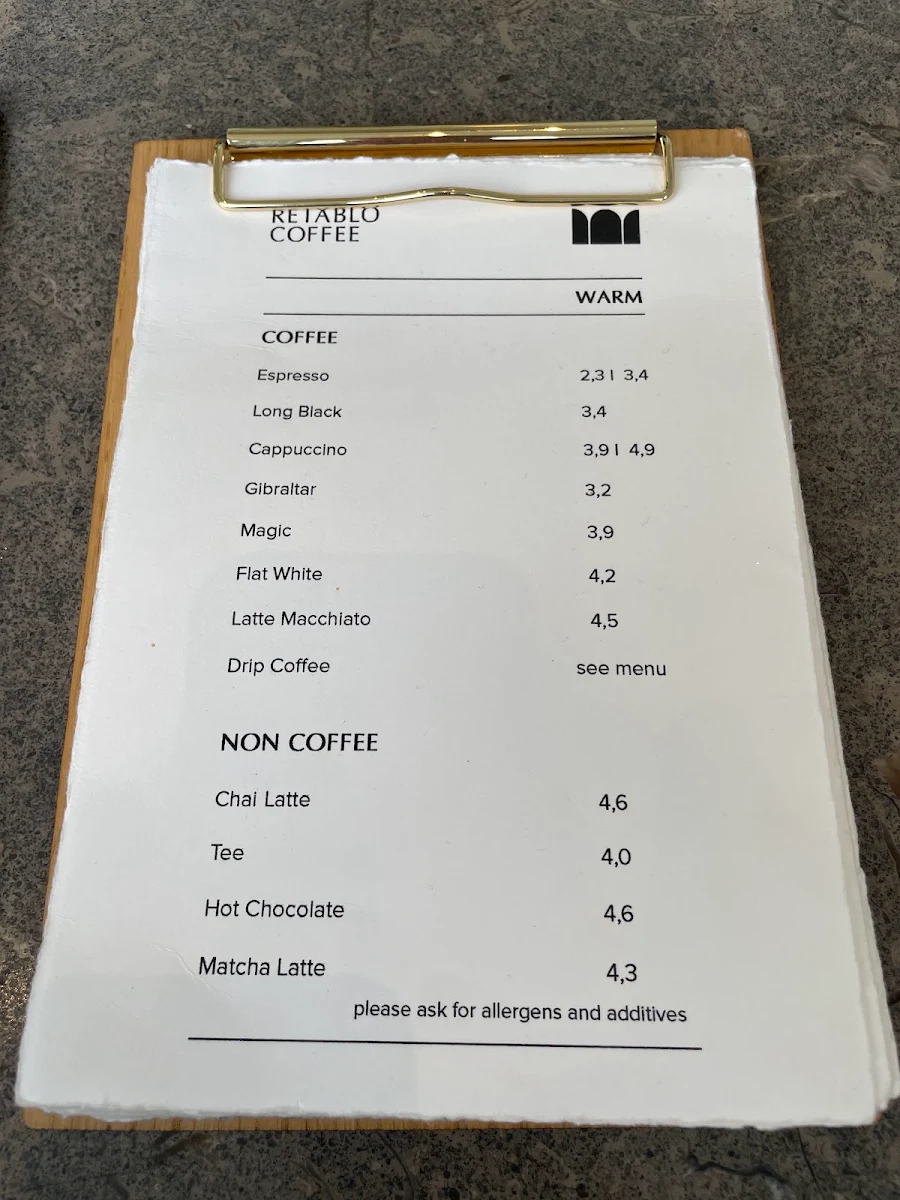 Speisekarte, retablo specialty coffee