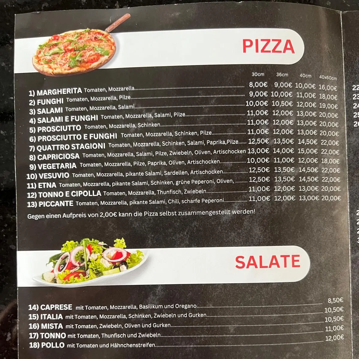Speisekarte, Pizzeria Bella Napoli