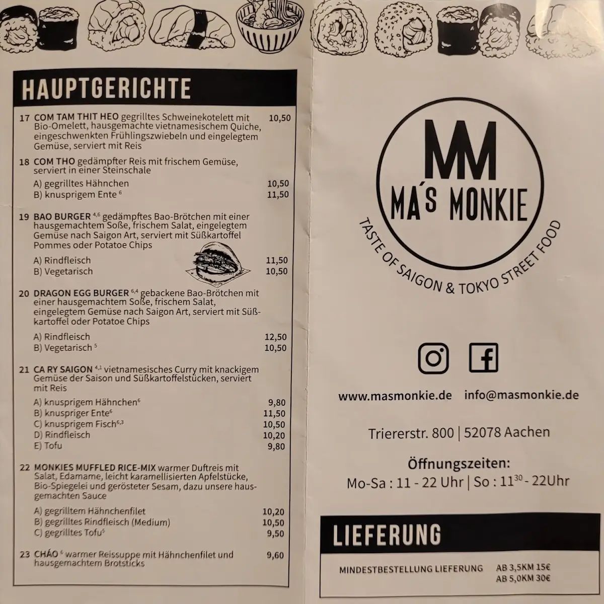 Speisekarte, Ma's Monkie | Aachen Brand