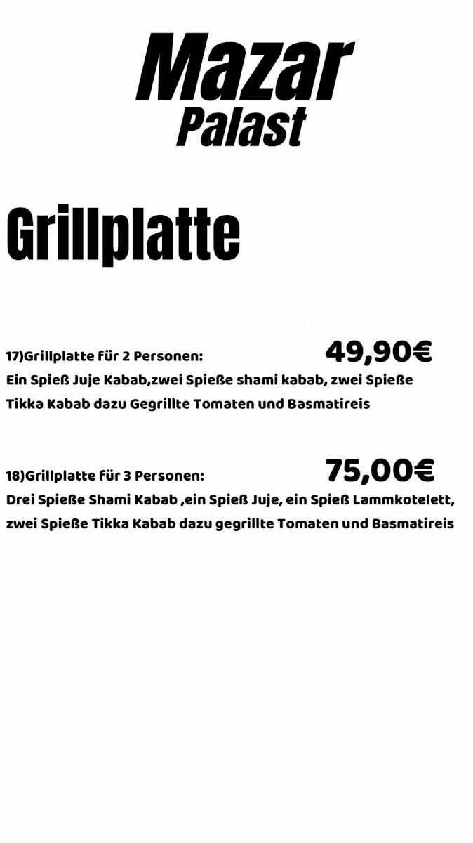 Speisekarte, Mazar Palast