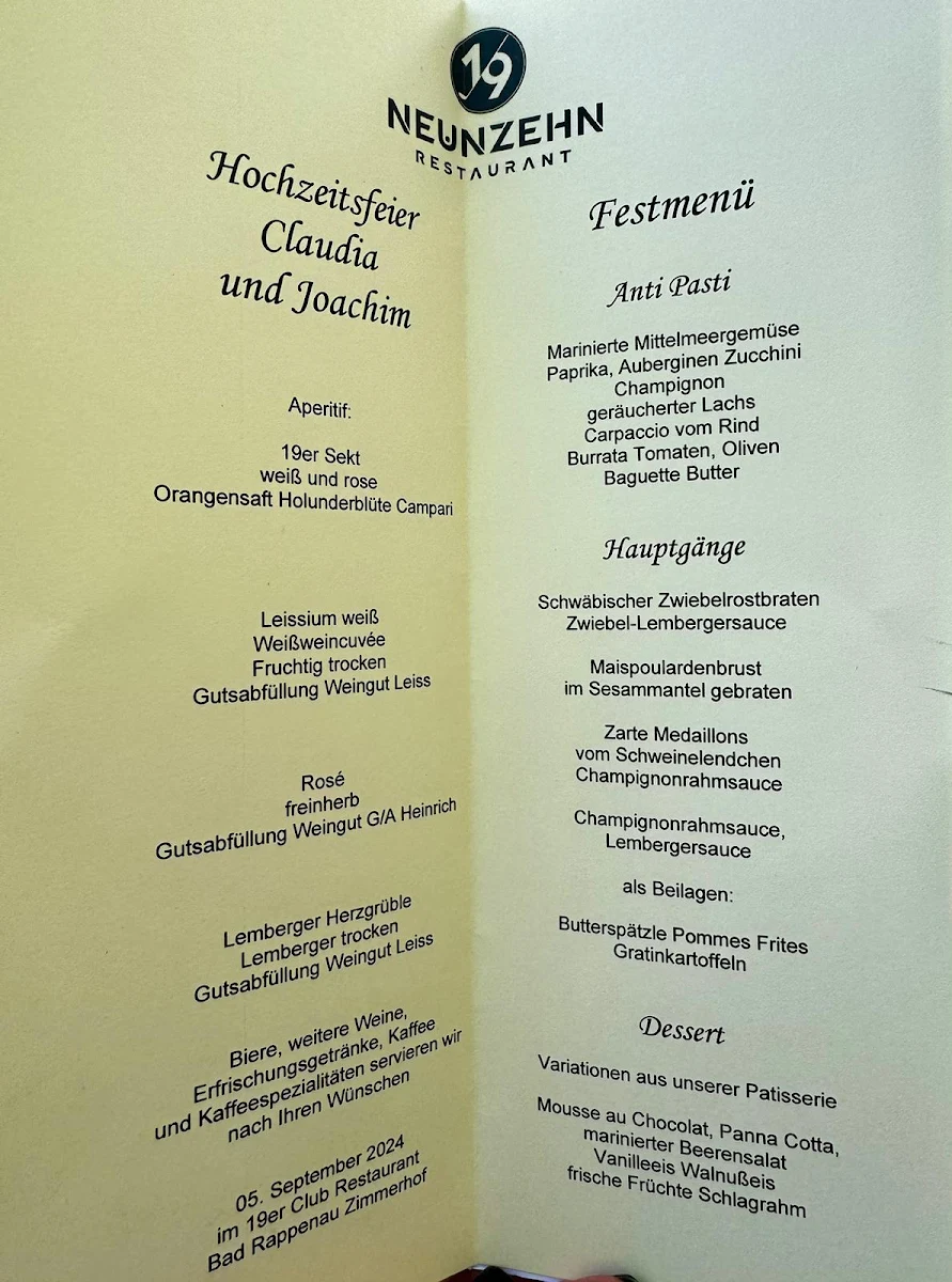Speisekarte, Restaurant Neunzehn