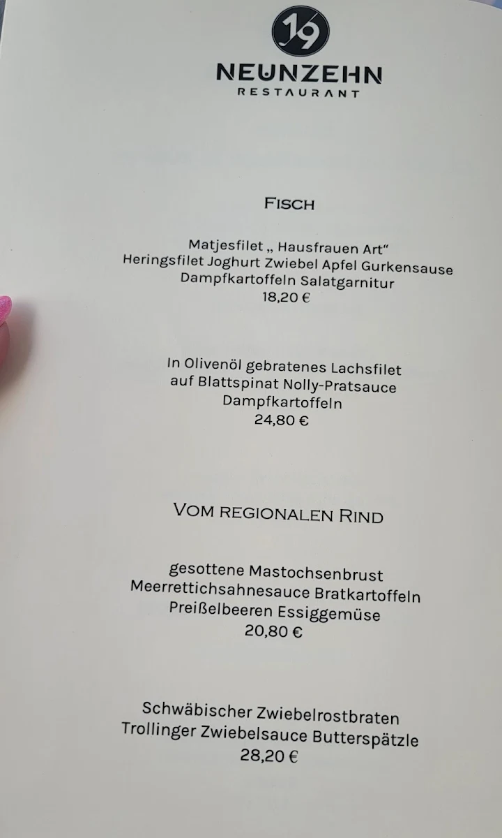 Speisekarte, Restaurant Neunzehn