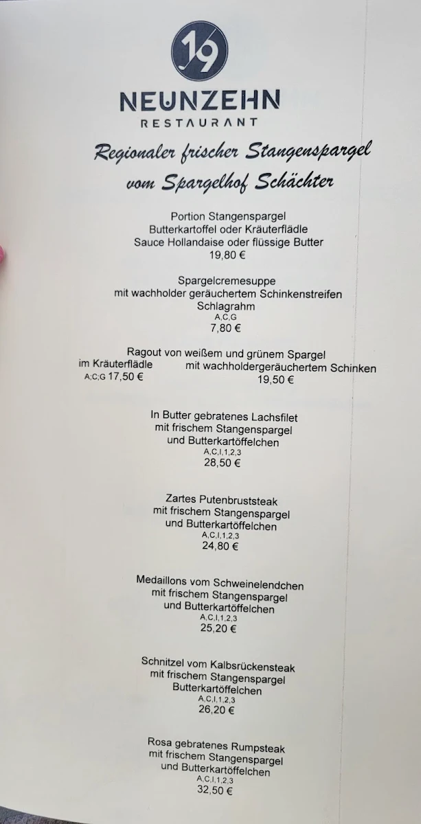 Speisekarte, Restaurant Neunzehn