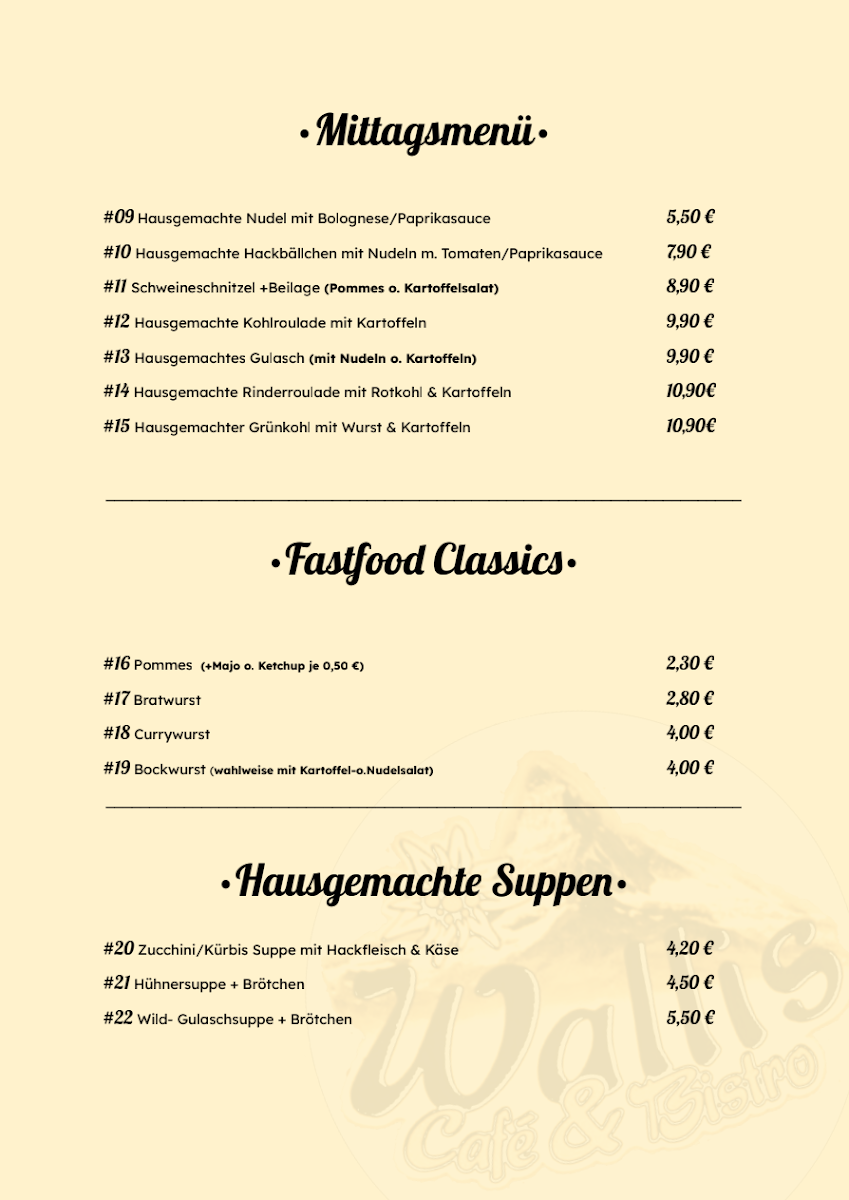 Speisekarte, Cafe & Bistro Wallis