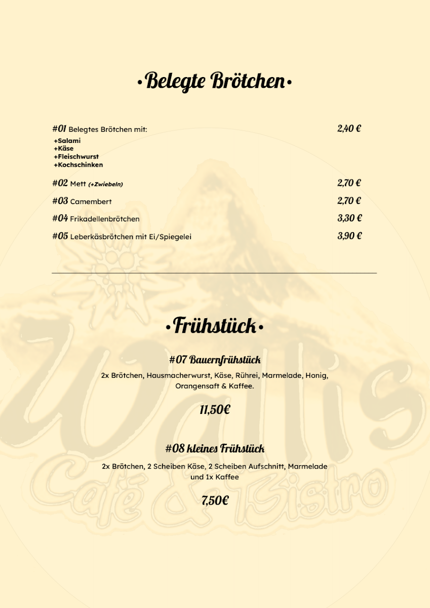 Speisekarte, Cafe & Bistro Wallis