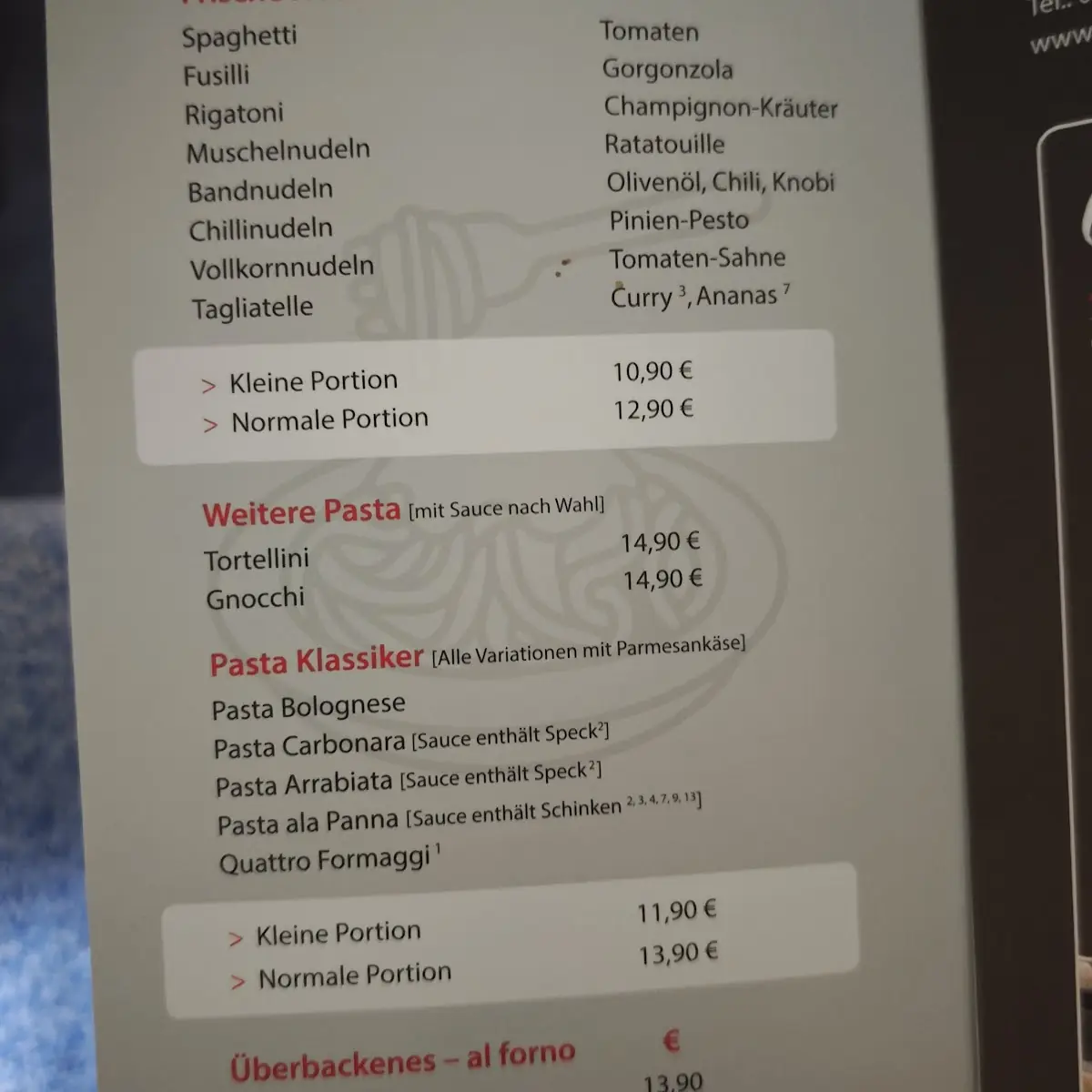 Speisekarte, Pasta Time