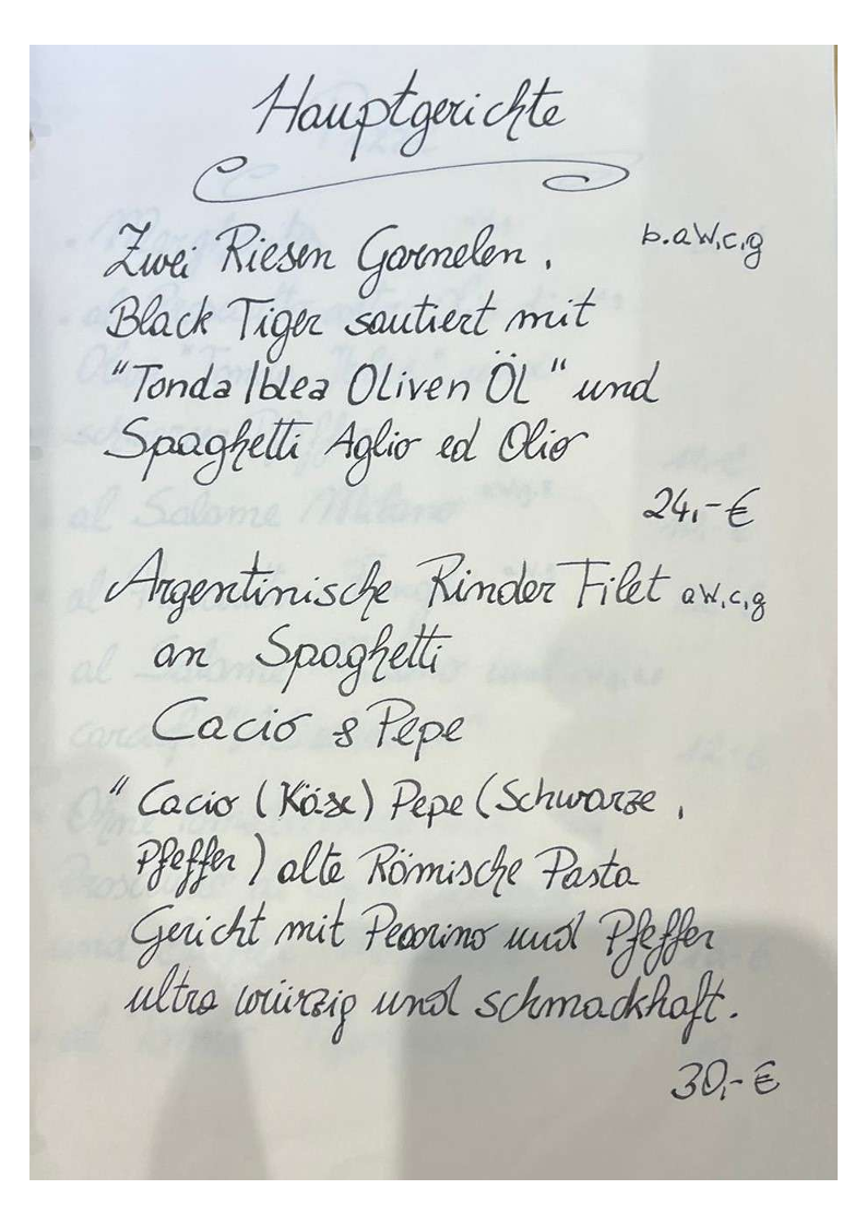 Speisekarte, John Cannizzaro Modica Original