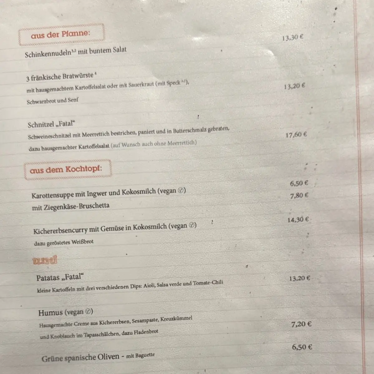 Speisekarte, Caffé Fatal