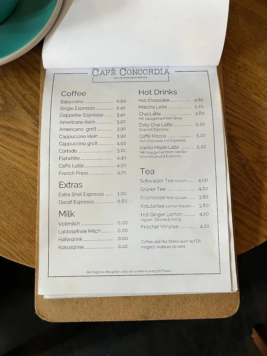 Speisekarte, Café Concordia
