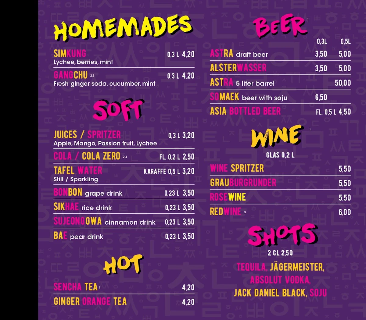 Speisekarte, Chingu St. Pauli – Korean Hotpot, Grill & Karaoke Bar