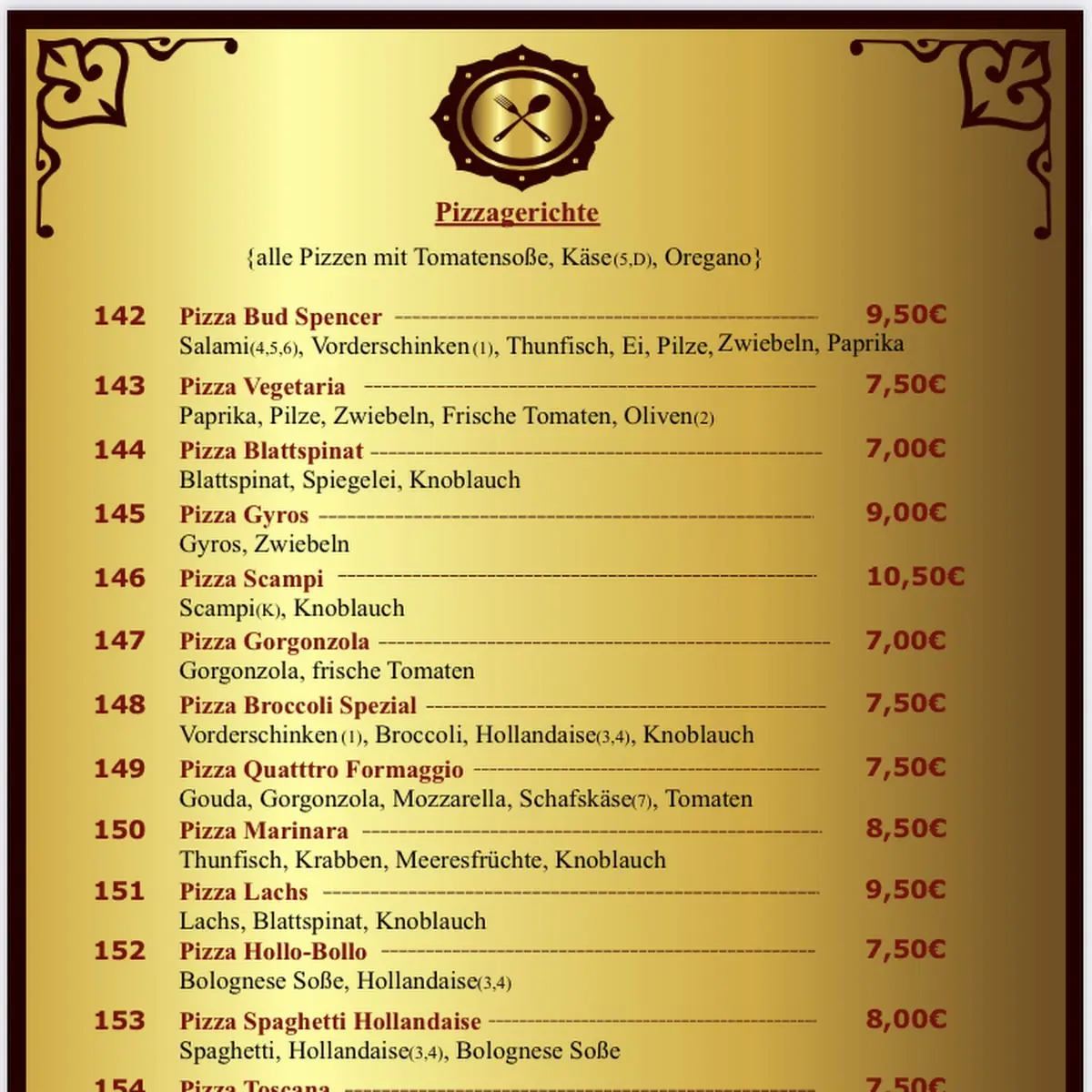 Speisekarte, Indisches Restaurant Kohinoor