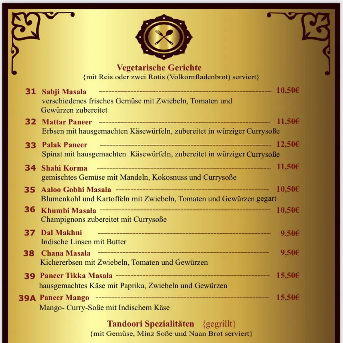 Speisekarte, Indisches Restaurant Kohinoor