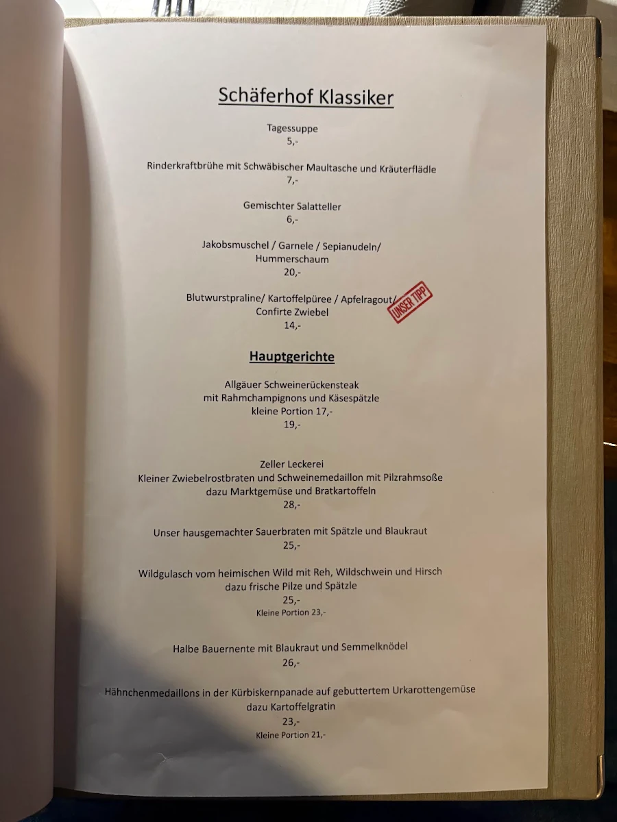 Speisekarte, Restaurant Schäferhof