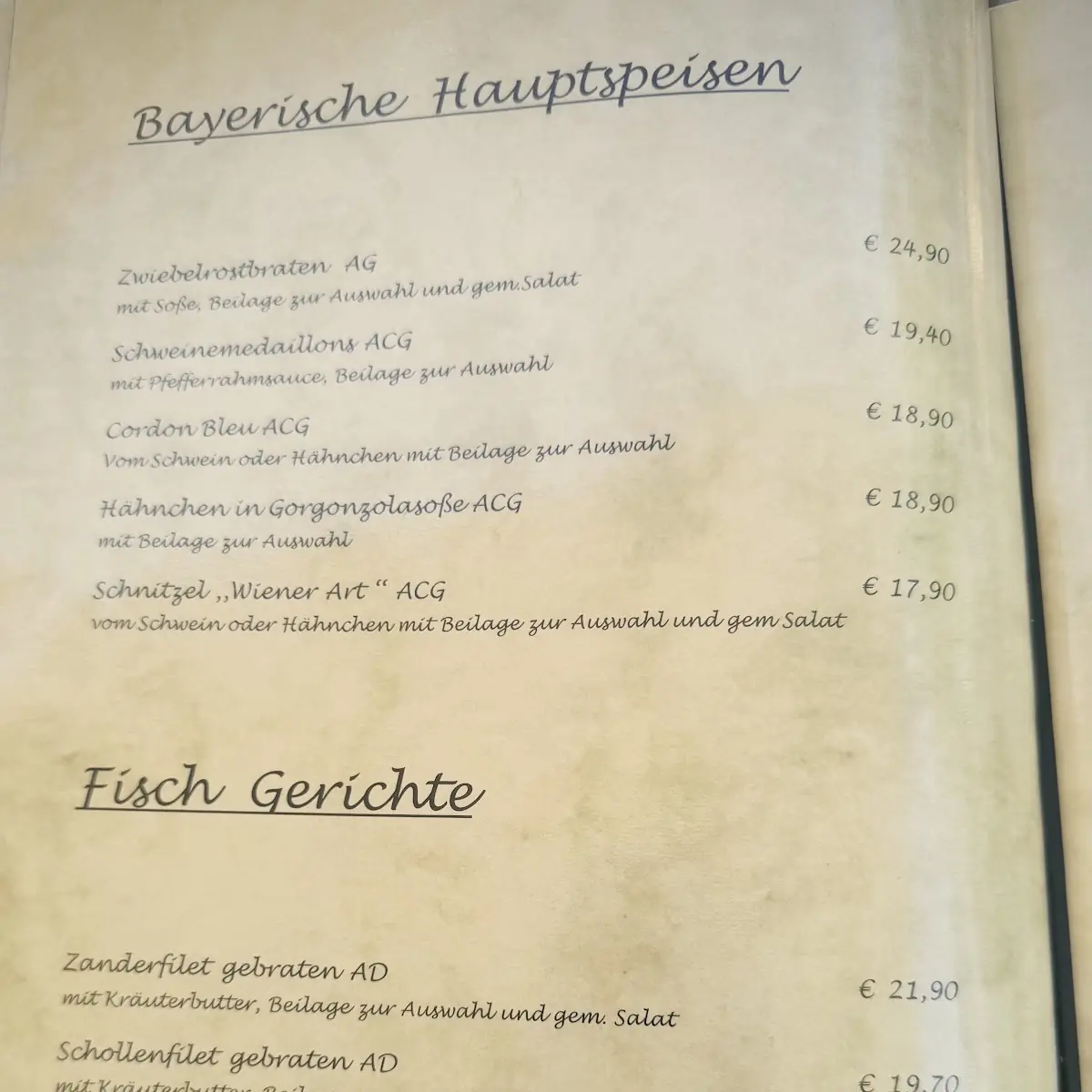 Speisekarte, Restaurant „Im Gewölbe“