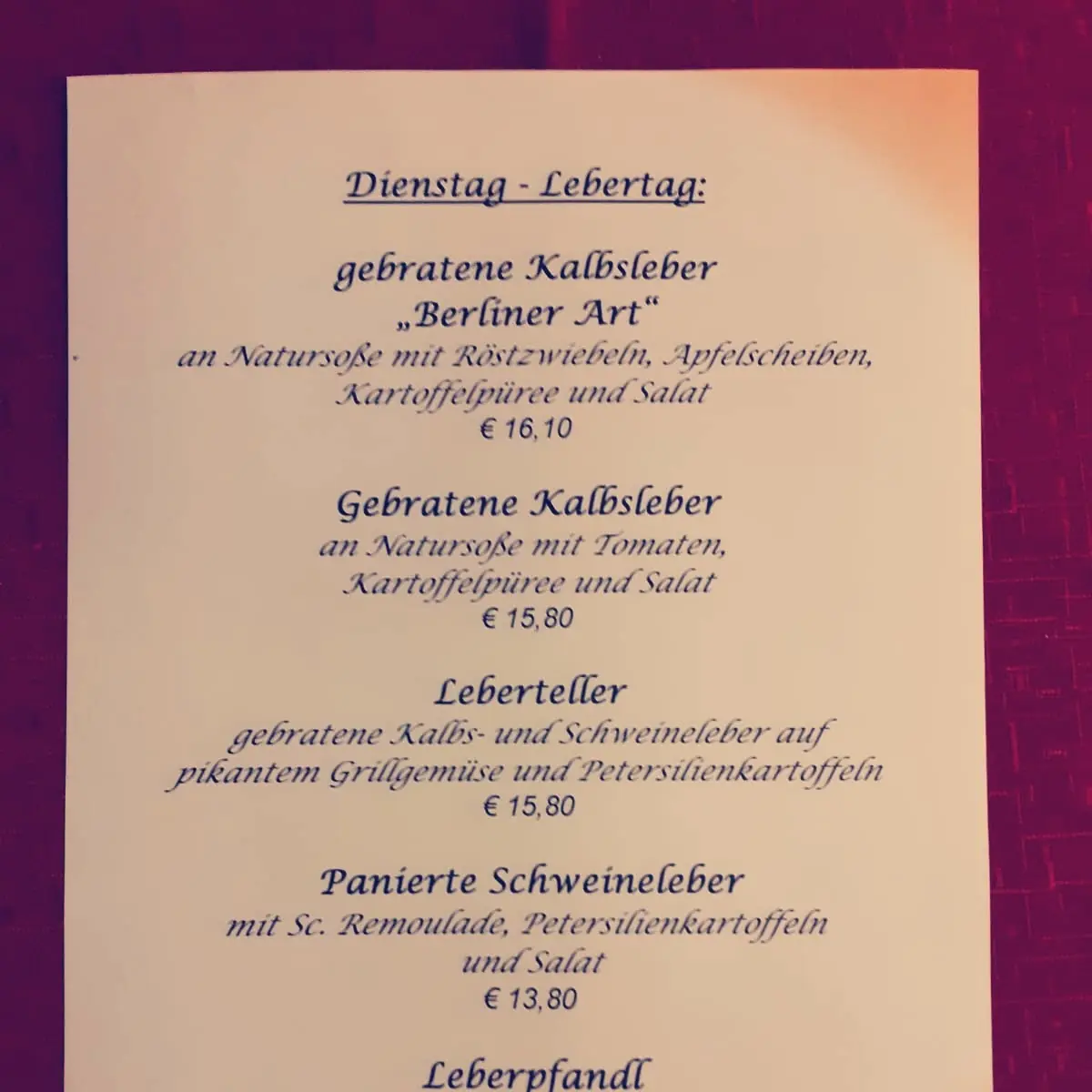 Speisekarte, Restaurant „Im Gewölbe“