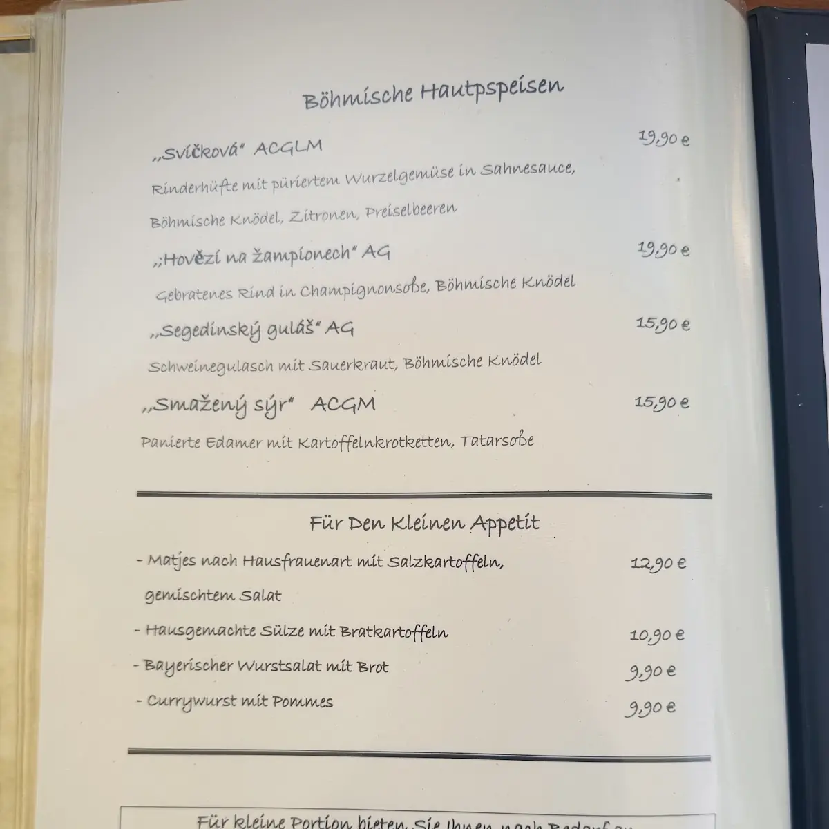 Speisekarte, Restaurant „Im Gewölbe“