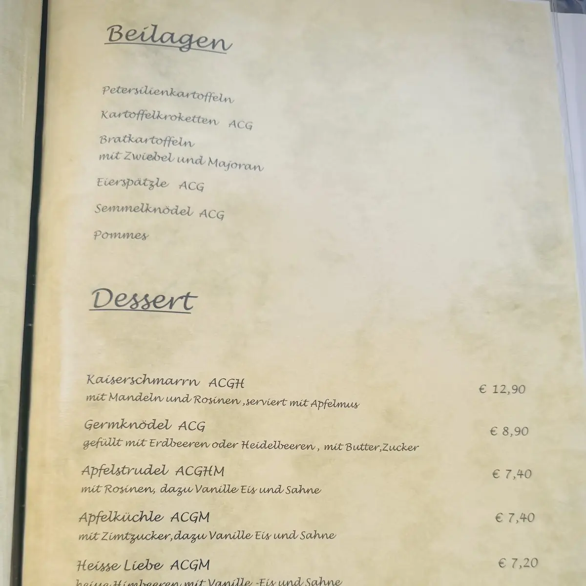Speisekarte, Restaurant „Im Gewölbe“