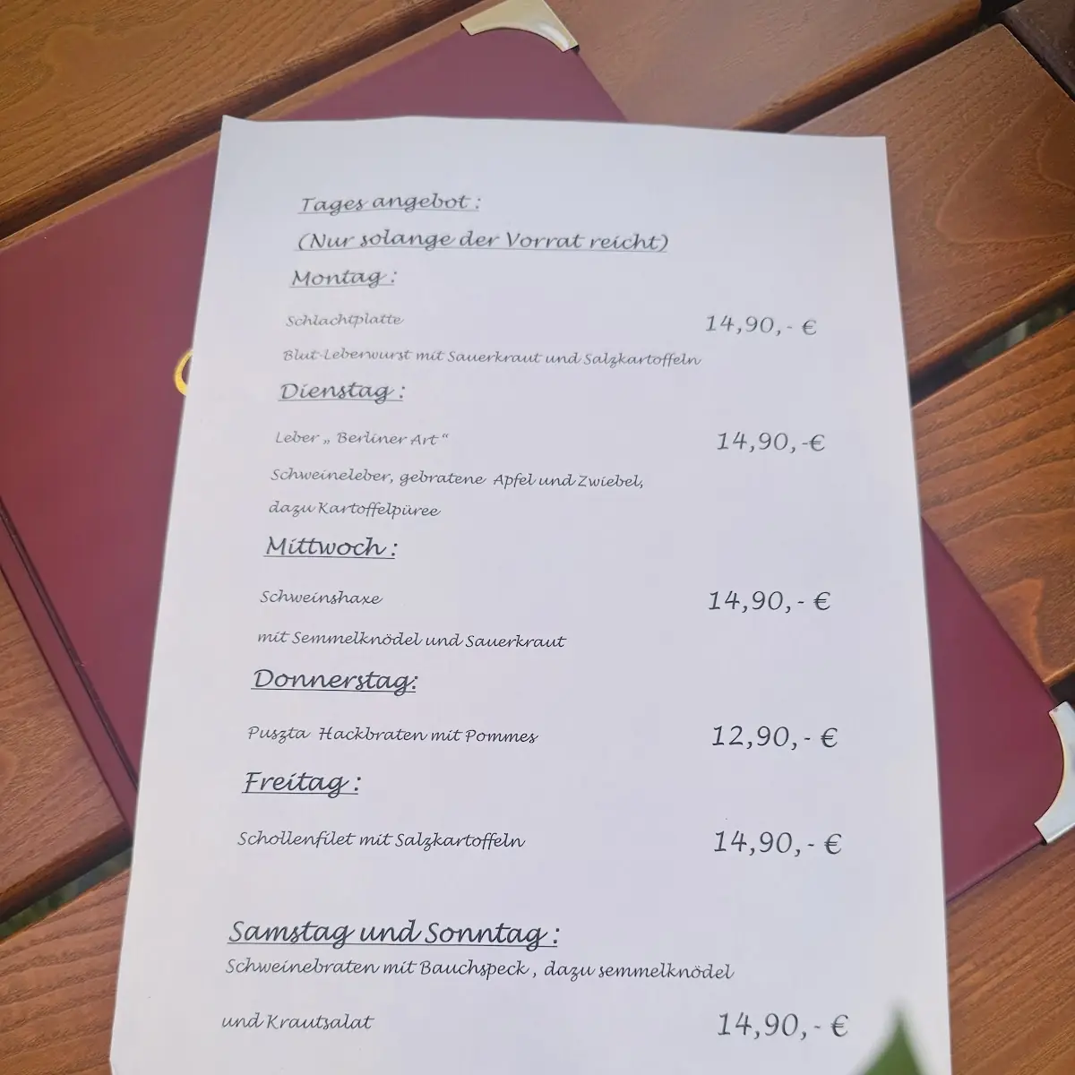 Speisekarte, Restaurant „Im Gewölbe“
