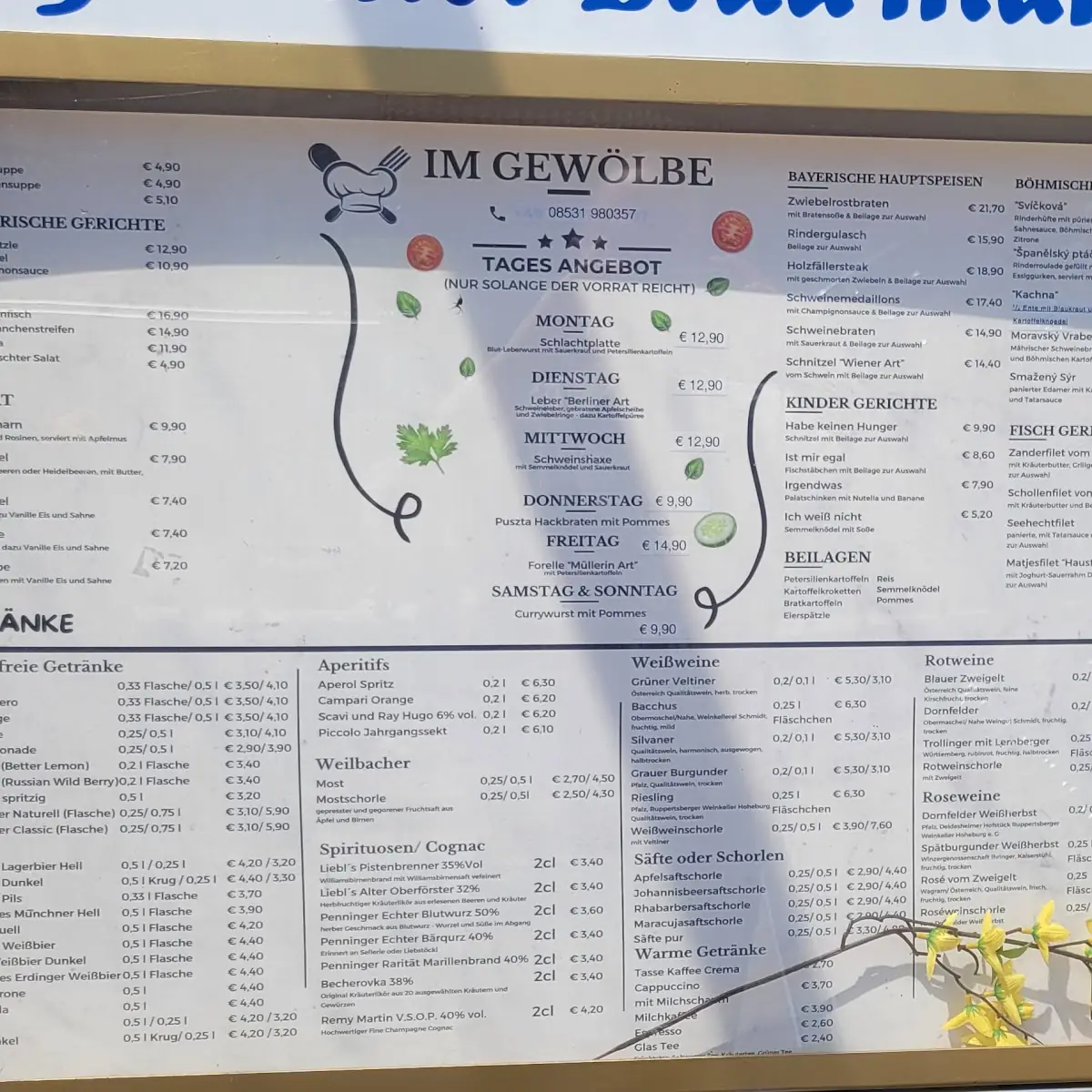 Speisekarte, Restaurant „Im Gewölbe“
