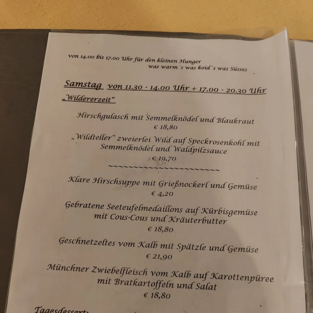 Speisekarte, Restaurant „Im Gewölbe“