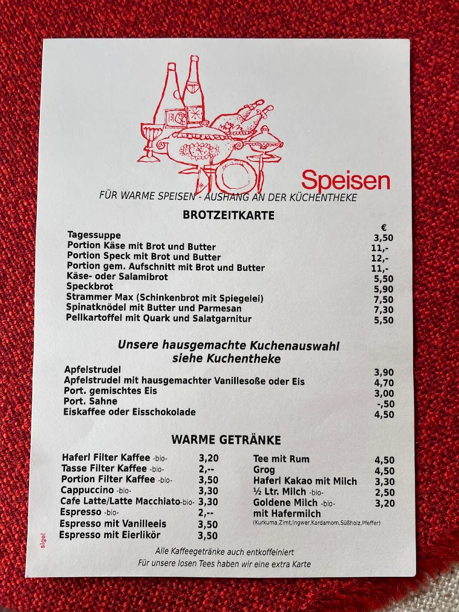 Speisekarte, Pfeiffer-Alm