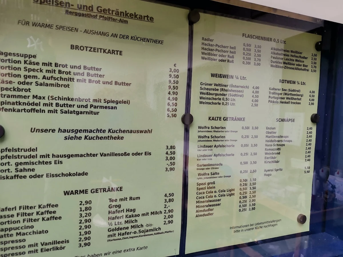 Speisekarte, Pfeiffer-Alm
