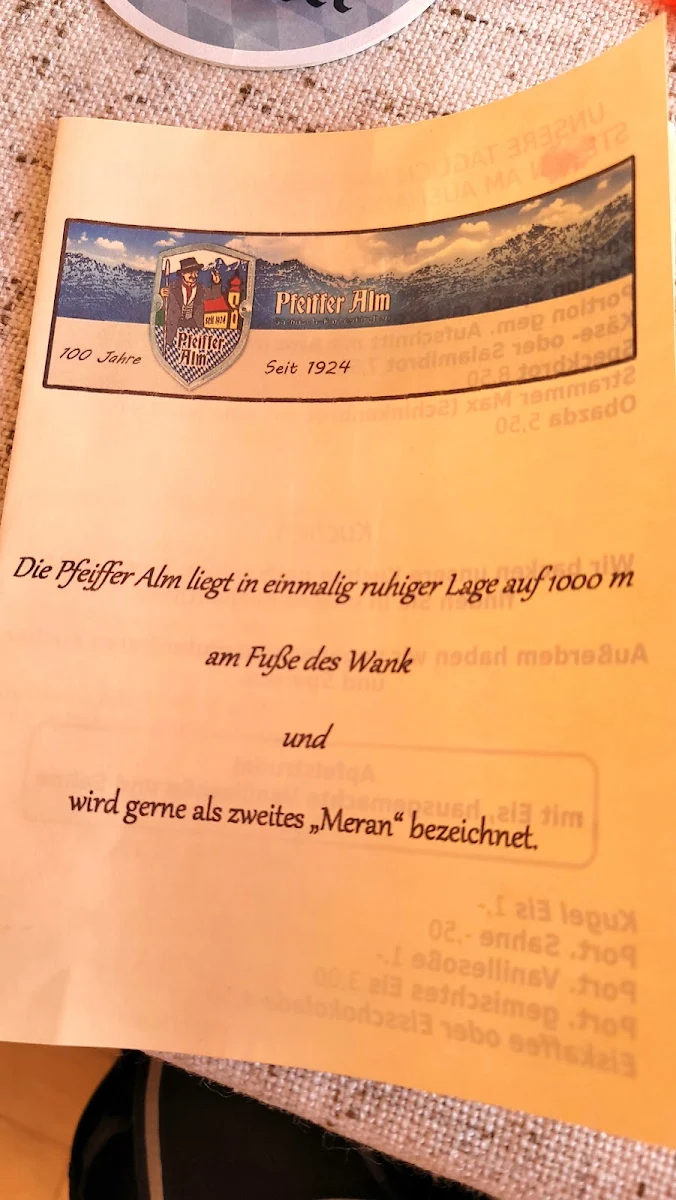 Speisekarte, Pfeiffer-Alm