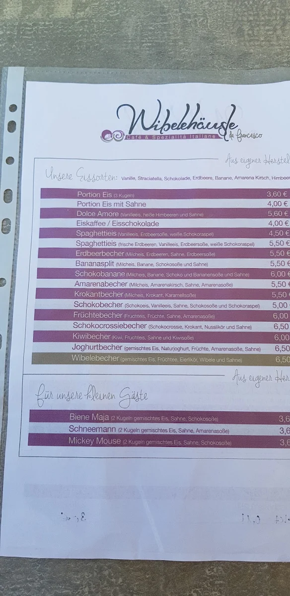 Speisekarte, Wibelehäusle Eiscafé & Spezialità Italiane da Francesco