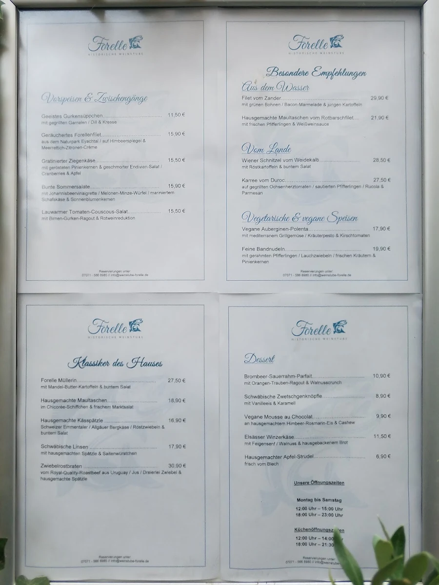 Speisekarte, Historische Weinstube Forelle