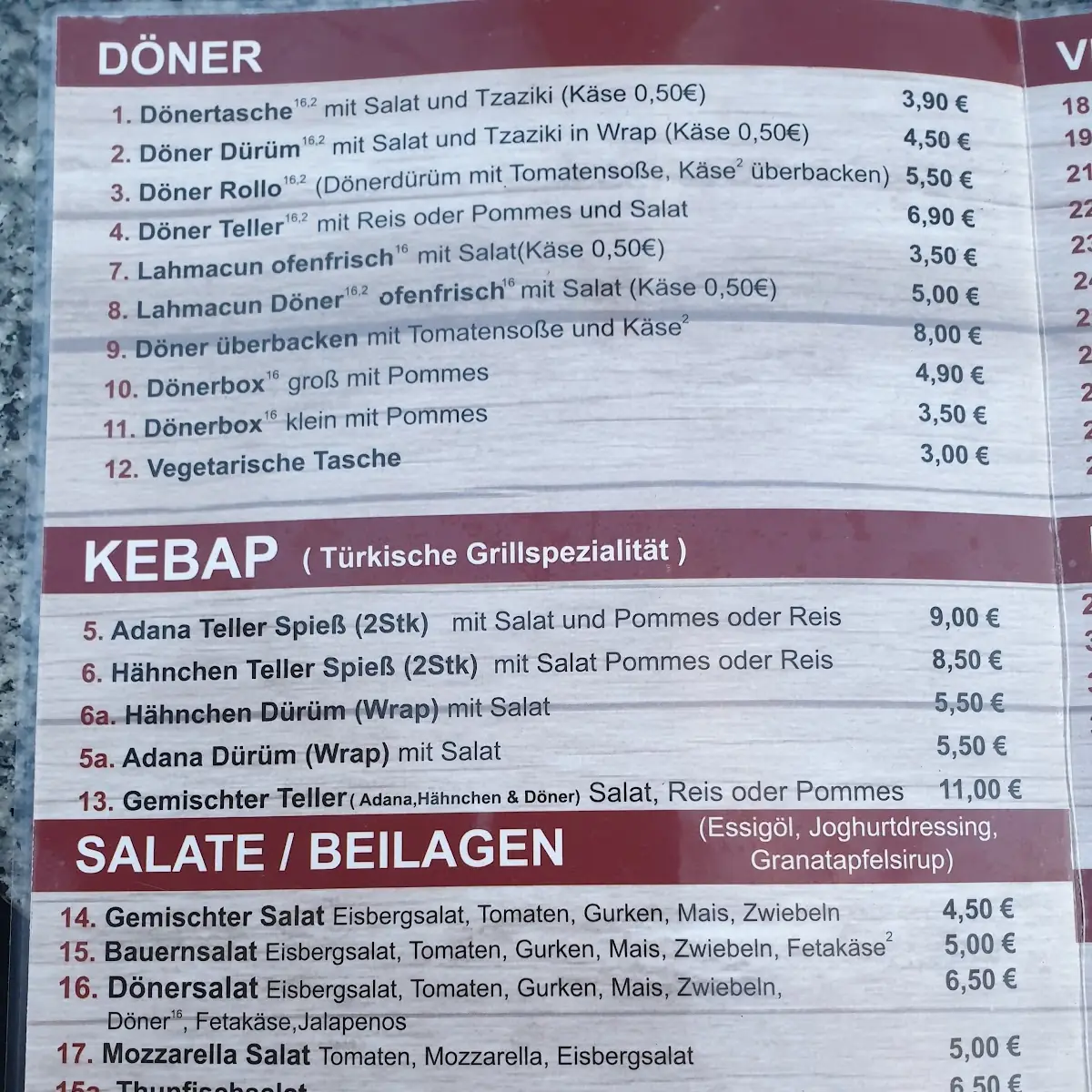 Speisekarte, Tecklenburger Pizza & Döner Haus