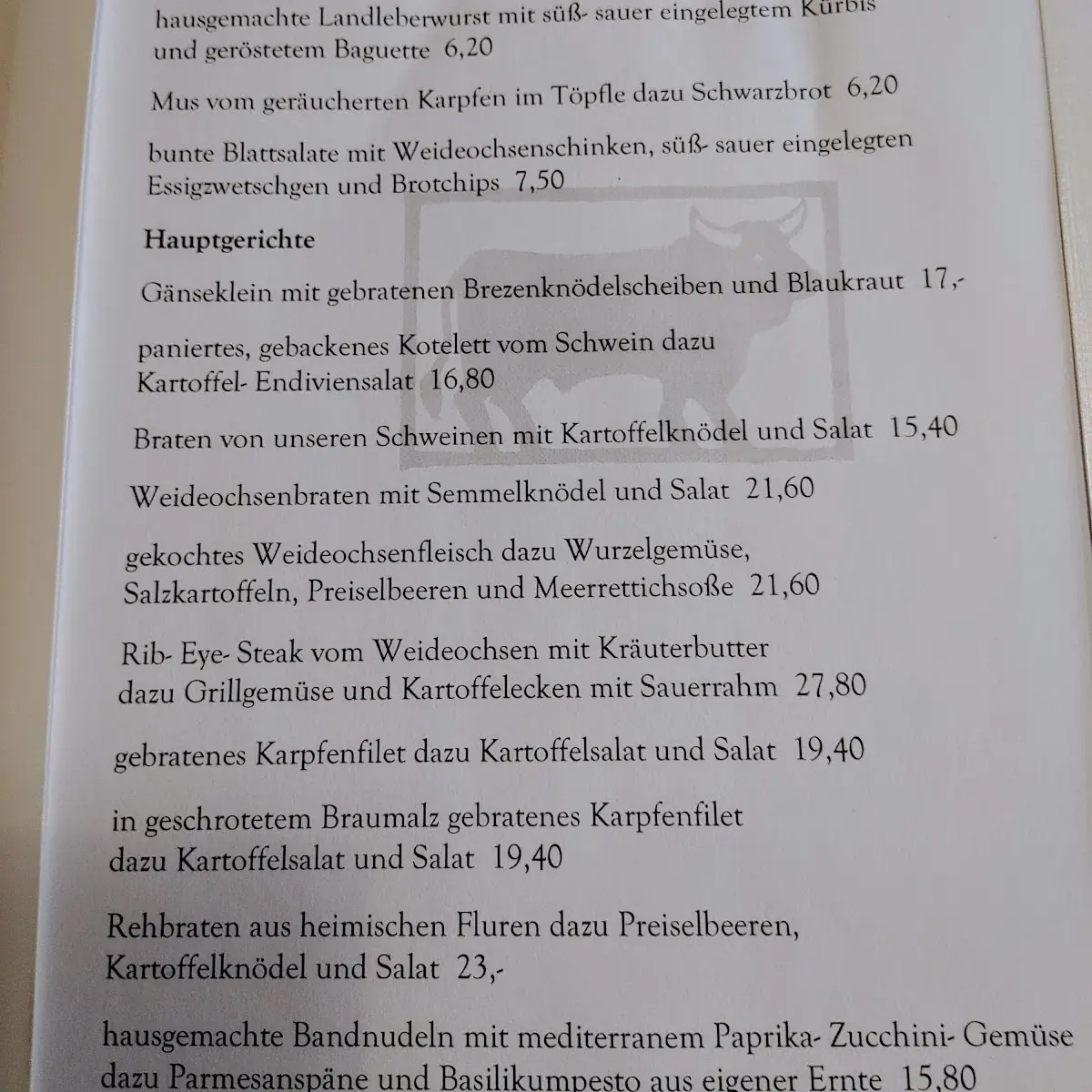 Speisekarte, Gasthof Winkler