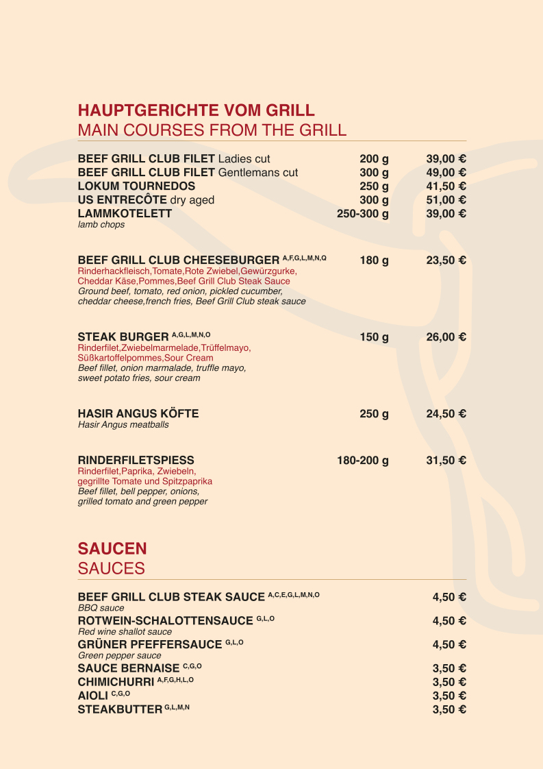 Speisekarte, Beef Grill Club am Adenauer Platz