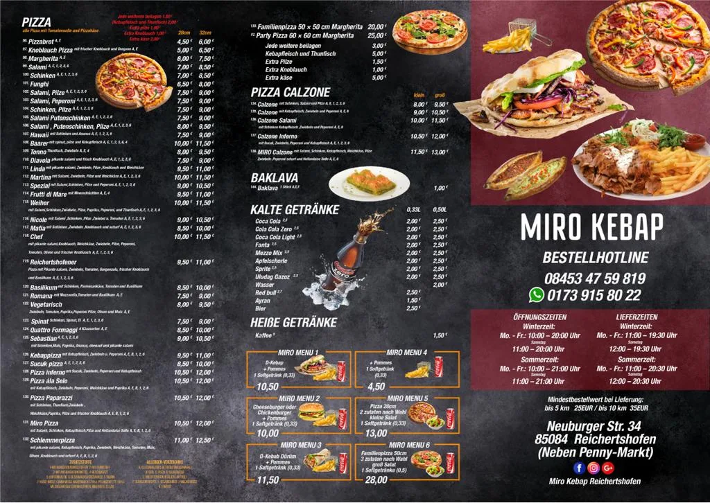 Speisekarte, Restaurant Miro Reichertshofen