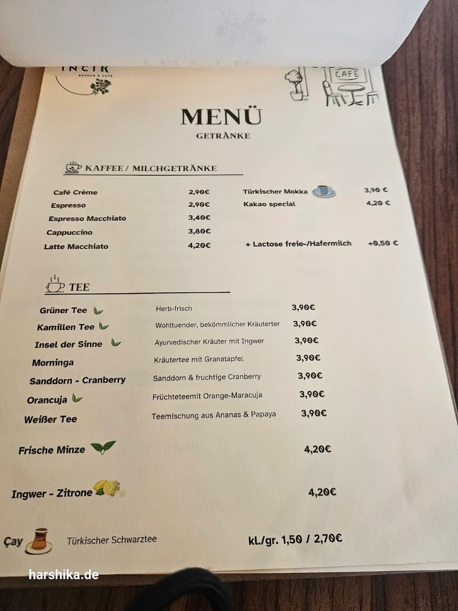 Speisekarte, INCIR Brunch Café