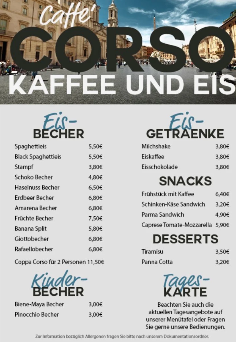 Speisekarte, Gelateria Caffé Corso