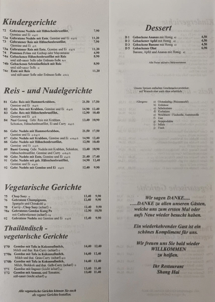 Speisekarte, China - Thai Restaurant Shang Hai