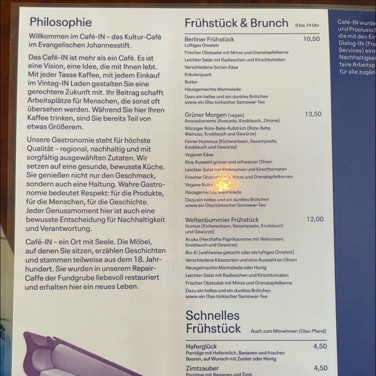 Speisekarte, CaféIN | Evangelisches Johannesstift Spandau