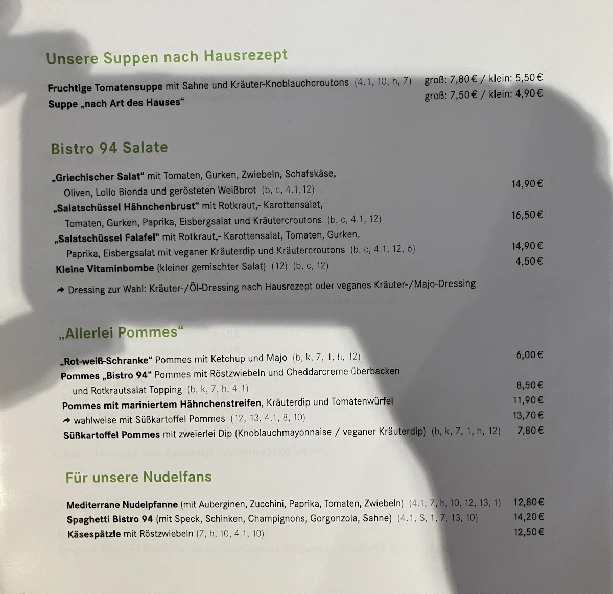 Speisekarte, Bistro 94